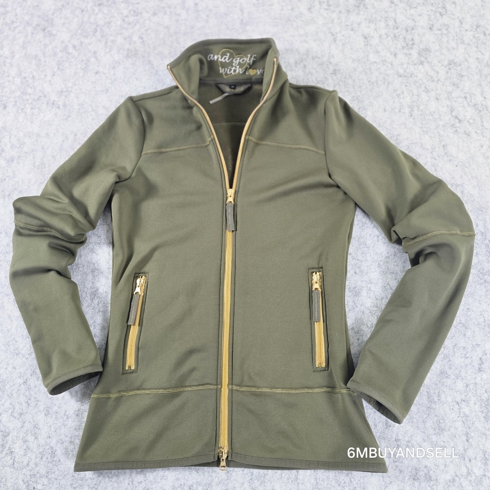 Girls Golf Womens Jacket Medium Olive Green Full Zip Rhinestone Back Performance